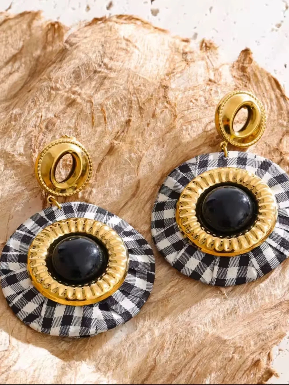Parisian Chic Gingham Black Gold Earrings